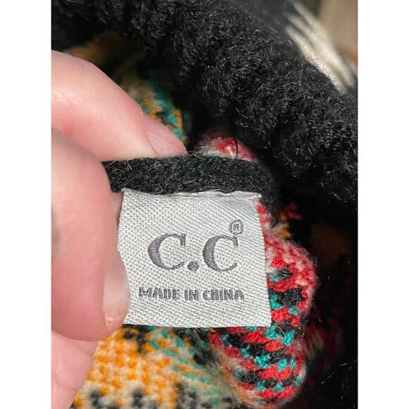 C.C kids Hat winter cap black pom pom Aztec design multi color faux fur - Picture 5 of 5